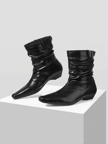 Mnmlis Autumn And Winter Pleated Short Boots Square Head Square Buckle Strap Lazy Wind Thin Pile Pleated Western Short Boots - Black - View 3