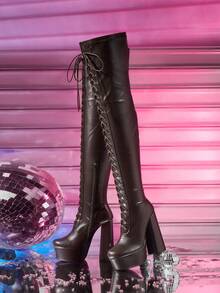 CUCCOO LuxiPop Outdoor Women's Round Toe Thick High Heel Thick Bottom PU Fabric Simple Nightclub Party Side Zipper Front Strap Boots - Brown - View 1