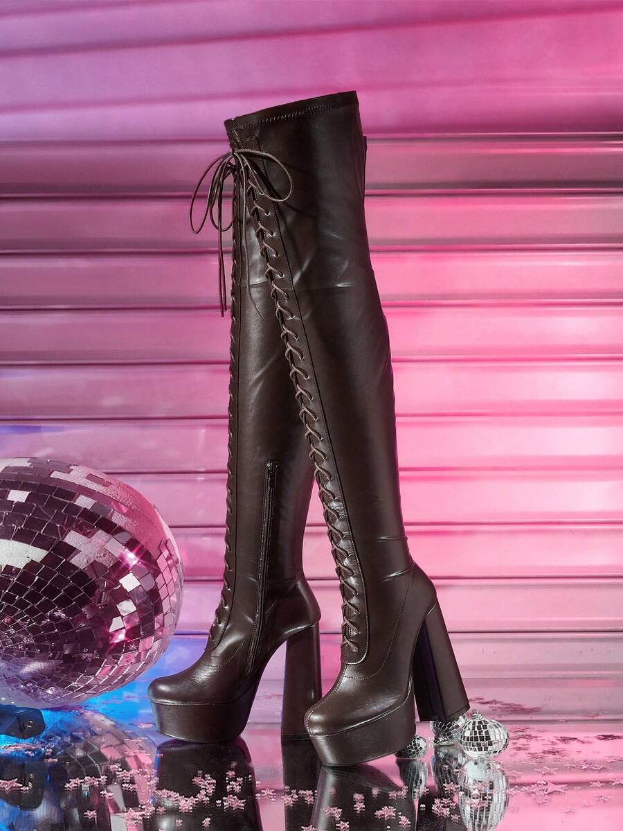 CUCCOO LuxiPop Outdoor Women's Round Toe Thick High Heel Thick Bottom PU Fabric Simple Nightclub Party Side Zipper Front Strap Boots - Brown - View 1