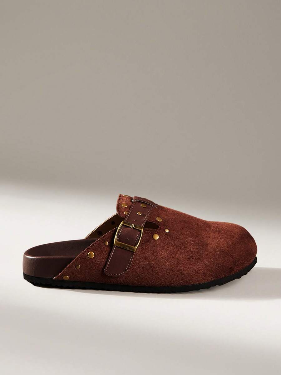 Solecia Retro Rivet Buckle Design Comfortable Half-Trailer Single Shoes Casual Vacation Wear - dark brown - View 1