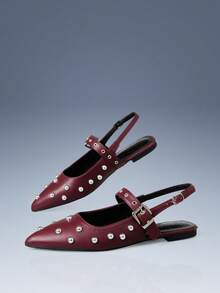 CUCCOO GRLICON Rivet Decorative Pointed Flat Sandals Red PU Leather Versatile Low-Heeled Single Shoes Women, Suitable For Locomotive Style And Personality - Red - View 3