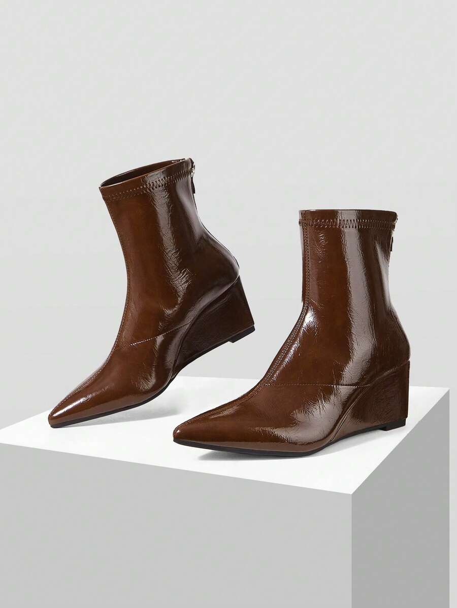 Mnmlis 2026 New Women's Pointed Toe Wedge Short Boots Rear Zipper Fashion Short Boots - Brown - View 1