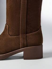 SHEIN Solezae Women Faux Suede Round Toe Low Block Heel Pull On Chocolate Over-The-Knee Boots - Chocolate Brown - View 3