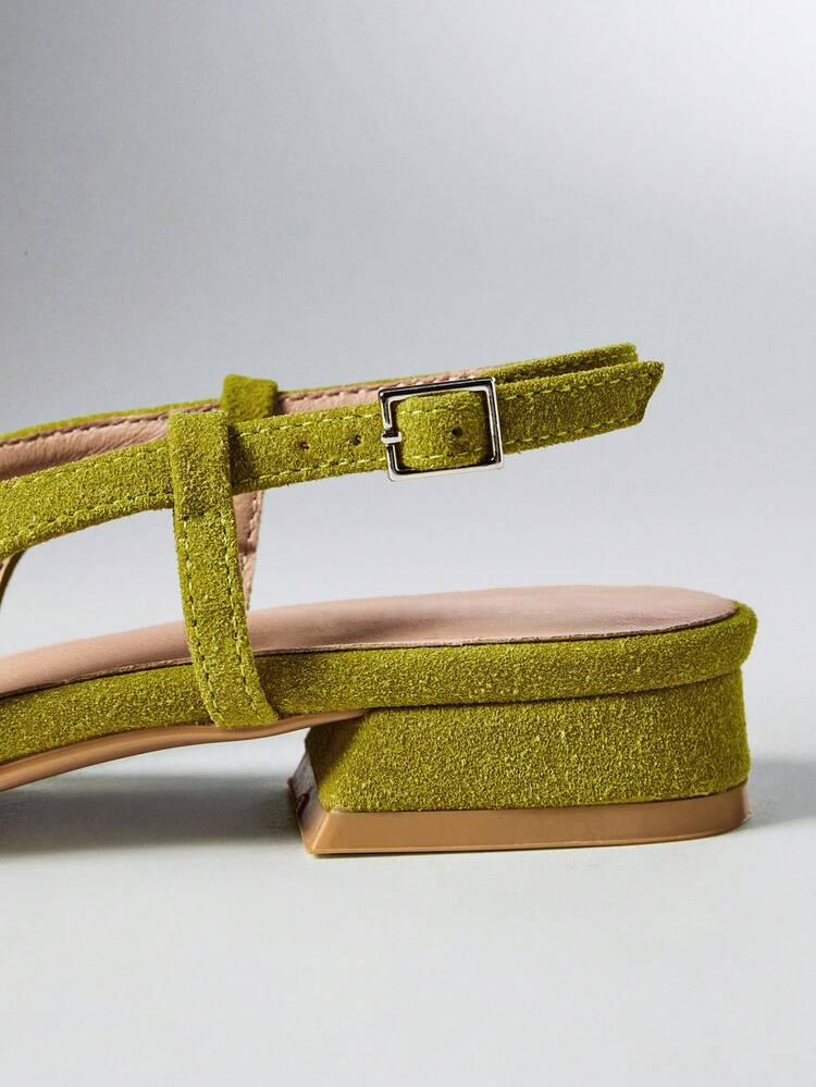 SHEIN Solezae Women's Green Suede Bow Slingback Flats, Square Toe Low-Heel Ballet Shoes - Lime Green - View 7