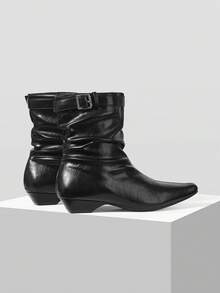 Mnmlis Autumn And Winter Pleated Short Boots Square Head Square Buckle Strap Lazy Wind Thin Pile Pleated Western Short Boots - Black - View 4