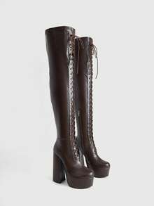 CUCCOO LuxiPop Outdoor Women's Round Toe Thick High Heel Thick Bottom PU Fabric Simple Nightclub Party Side Zipper Front Strap Boots - Brown - View 3