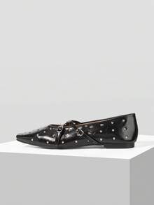 Mnmlis Black Rivet Cross-Buckle Mary Jane Shoes, Square Toe Soft Sole Low Vamp Flat Sole Shoes - Black - View 2