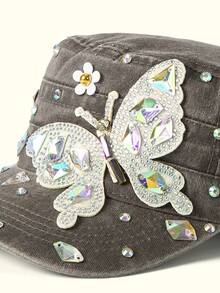 Popjeli Ladies Y2K Retro Washed Military Hat, Shiny Symphony Rhinestone Butterfly Flat Top Cap, Retro McBrien Style Sun Hat, Casual Street Style Hat - Multicolor - View 6