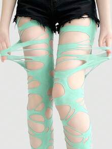 ROMWE Goth 高彈性性感辣妹破洞女款連身褲 網襪褲襪緊身褲 - 青綠色 - 查看 1