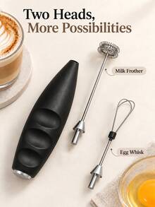 1pc Handheld Electric Milk Frother With 2 Replaceable Heads, Portable Drink Mixer, Egg Whisk Foam Maker For Coffee, Latte, Cappuccino, Home Kitchen Decor, Black - Multicolor - View 3