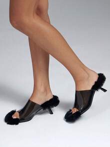 SHEIN SHUZIA 女款時尚日常百搭人造毛一腳蹬高跟涼鞋 - 透明黑 - 查看 2