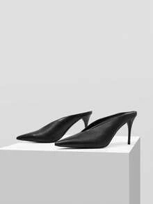 Mnmlis Black Texture Soft Leather Pointed V-Cut Thin Heel Mules Girl, No Heel Low Vamp Versatile Commuter Banquet High Heel Slouchy - Black sheep pattern - View 6