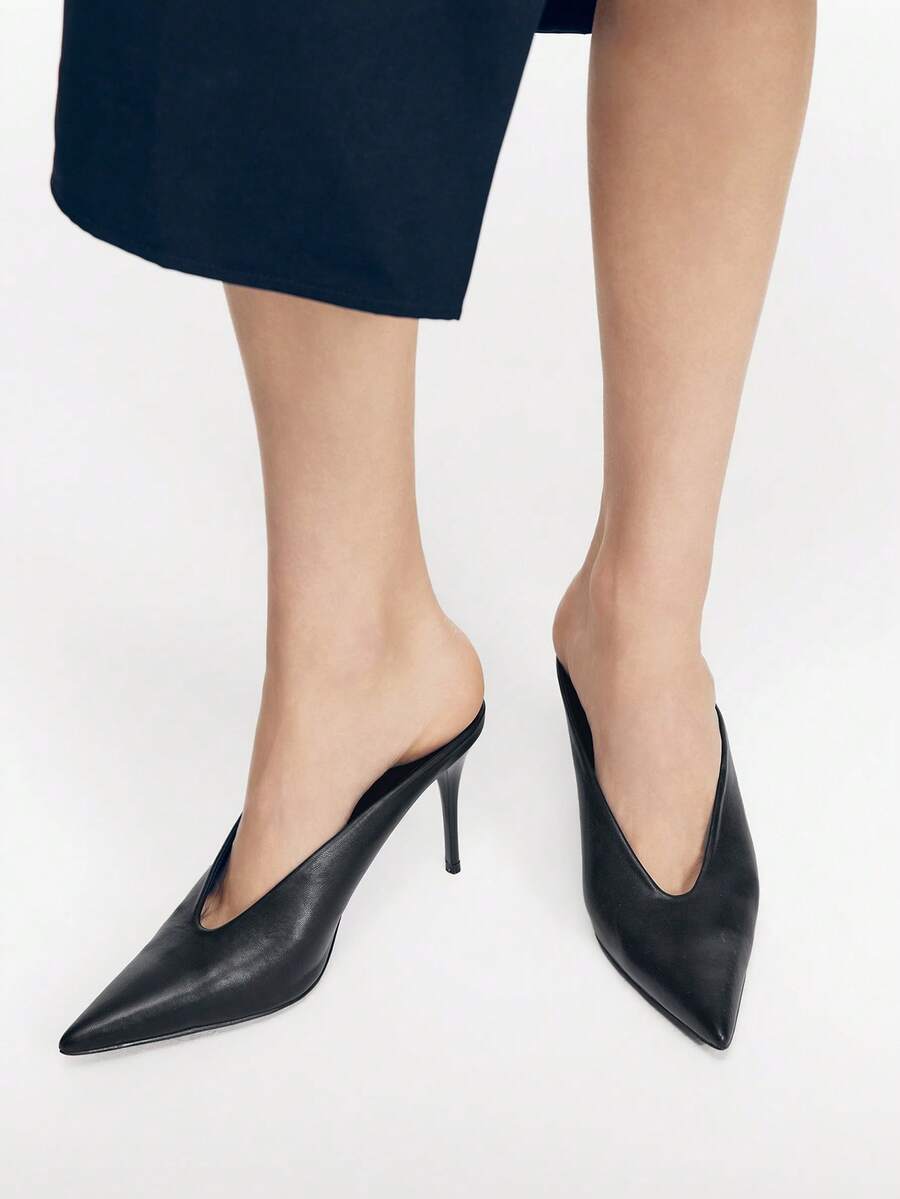 Mnmlis Black Texture Soft Leather Pointed V-Cut Thin Heel Mules Girl, No Heel Low Vamp Versatile Commuter Banquet High Heel Slouchy - Black sheep pattern - View 1