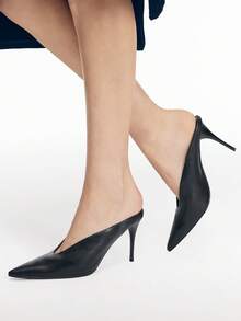 Mnmlis Black Texture Soft Leather Pointed V-Cut Thin Heel Mules Girl, No Heel Low Vamp Versatile Commuter Banquet High Heel Slouchy - Black sheep pattern - View 8