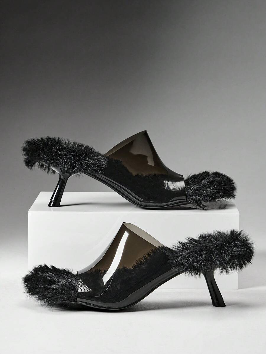 SHEIN SHUZIA Women's Fashion Daily Versatile Faux Fur Slip-On Heeled Sandals - Transparent black - View 1