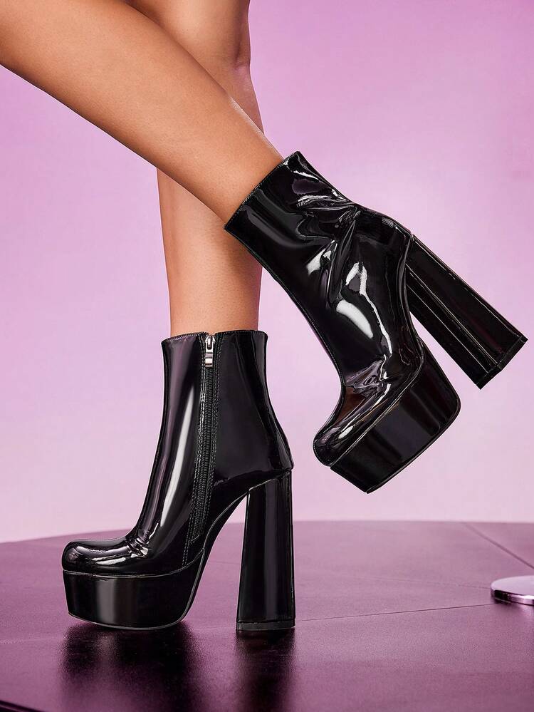 CUCCOO LuxiPop Outdoor Women's Round Toe Thick High Heel Pu Fabric Fashionable And Comfortable Daily Party Banquet Side Zipper Boots - Patent leather, pure black. - View 1