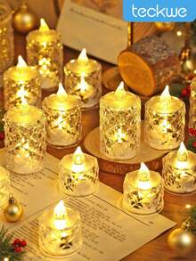 Teckwe 3/12/24pcs Room Table Decor Clear Crystal Shell Flameless Electronic Candle Lights,Holiday & Romantic Ambient Decor Candle,Christmas Decor Diamond‑Cut Flameless Tea Candle Lights,Birthday Party Decorations LED Tealight Candles Battery Included - Clear - View 2