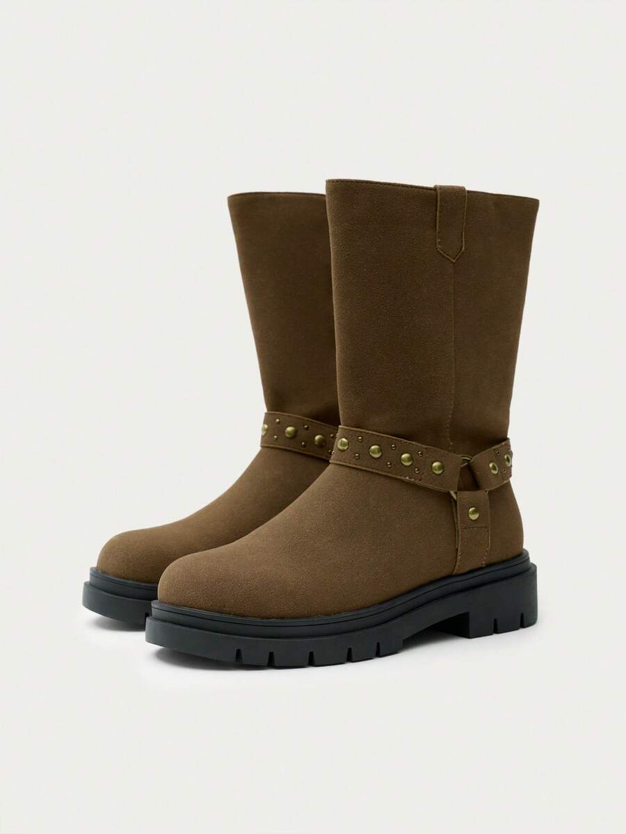 Nöista Thick-Soled Medium Boots, Belt Buckle Fashionable Retro Autumn And Winter Versatile Knight Boots Fall Boots - Brown - View 1