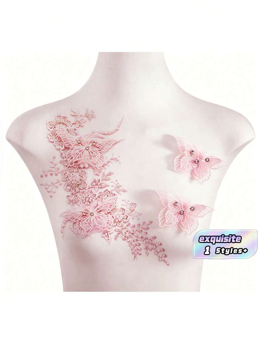 3 Pieces/Set Heavy Beading Rhinestone Butterfly Flower Embroidery Cloth Patch Mesh Wedding Dress DIY Decorative Accessories - Fabric Patch Set - View 1