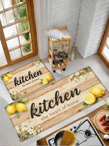 1 Piece Lemon Flower Pattern Kitchen Floor Rug, Oil And Water Resistant, Anti-Slip Kitchen Long Rug, Stain And Oil Resistant Kitchen Rug Pad, Wooden Print Kitchen Long Rug Pad, Kitchen Rug Pad With American Refreshing Style, Kitchen Rug With Stain - Lemon Kitchen - View 3