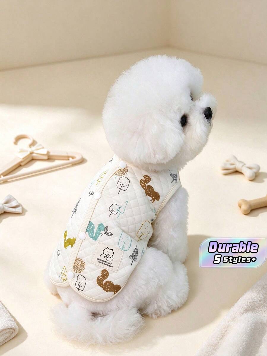 Dog Vest Cream Quilted Cute Forest Animal Print Soft Pet Clothes For Small Dogs Cats Warm Jacket Walking Outdoor - D - View 1