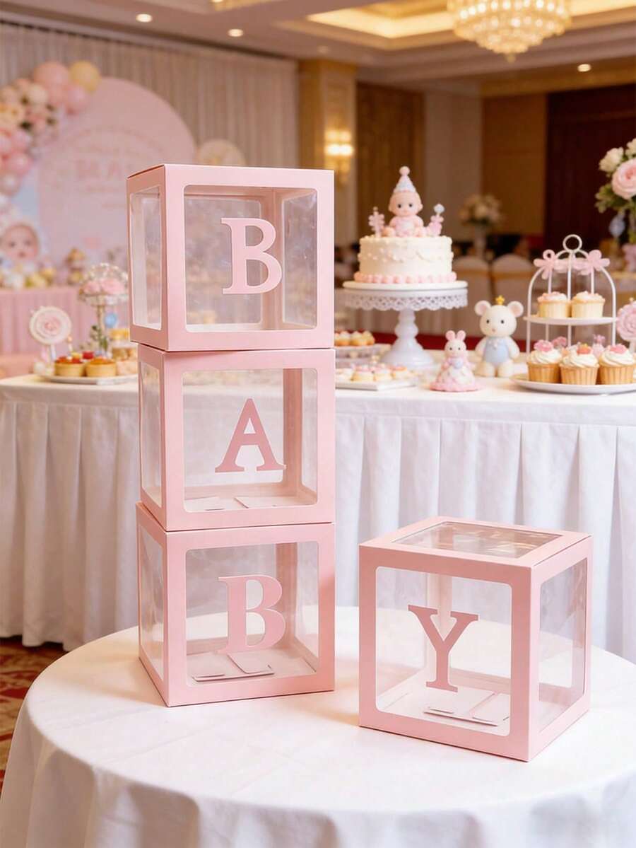 1Pc Pink Transparent Baby Shower Gift Box With A-Z Letters, DIY Balloon Decoration, For Baby Girl Shower Gender Reveal 1st Birthday Party - Pink Upgraded Version - View 1