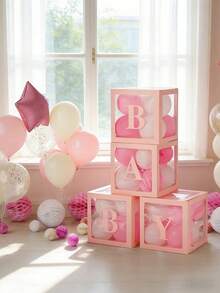1Pc Pink Transparent Baby Shower Gift Box With A-Z Letters, DIY Balloon Decoration, For Baby Girl Shower Gender Reveal 1st Birthday Party - Pink Upgraded Version - View 8