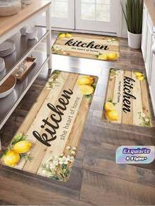 1 Piece Lemon Flower Pattern Kitchen Floor Rug, Oil And Water Resistant, Anti-Slip Kitchen Long Rug, Stain And Oil Resistant Kitchen Rug Pad, Wooden Print Kitchen Long Rug Pad, Kitchen Rug Pad With American Refreshing Style, Kitchen Rug With Stain - Lemon Kitchen - View 1