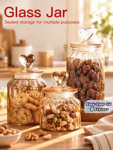 1pc Glass Sealed Jar, Creative Heart Shaped Storage Jar, Amber Color Snack/Candy Jar With Lid, Suitable For Home Use - Champagne - View 2