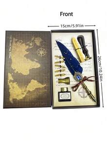 1 Set Jubaboz Calligraphy Brush Pen With Stamp And Sealing Wax, Feather Pen, Ink, Vintage Writing Ink Dip Pen With Mechanical Gear Back To School - Multicolor - View 9
