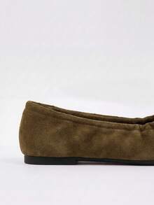 Nöista Olive Brown Suede Leather Effect Ballet Flats, Soft Rounded Toe Tips And Delicate Bow Details Create A Timeless And Minimalist Style. - khaki brown - View 9