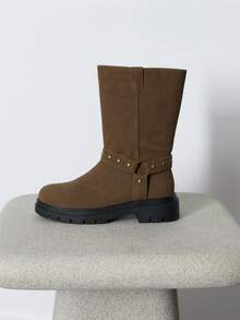 Nöista Thick-Soled Medium Boots, Belt Buckle Fashionable Retro Autumn And Winter Versatile Knight Boots Fall Boots - Brown - View 4