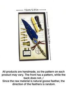 1 Set Jubaboz Calligraphy Brush Pen With Stamp And Sealing Wax, Feather Pen, Ink, Vintage Writing Ink Dip Pen With Mechanical Gear Back To School - Multicolor - View 19