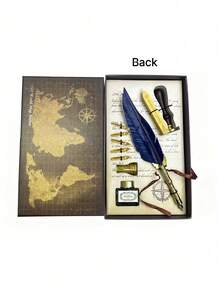 1 Set Jubaboz Calligraphy Brush Pen With Stamp And Sealing Wax, Feather Pen, Ink, Vintage Writing Ink Dip Pen With Mechanical Gear Back To School - Multicolor - View 8