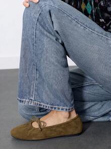 Nöista Olive Brown Suede Leather Effect Ballet Flats, Soft Rounded Toe Tips And Delicate Bow Details Create A Timeless And Minimalist Style. - khaki brown - View 5