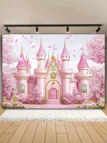 1Pc Glitter Pink And Gold Princess Castle Backdrop Decoration, Rainbow Pattern, No Power Needed, Multi-Purpose Party Banner For Housewarming Anniversary Events, Various Styles And Sizes Available - B - View 6
