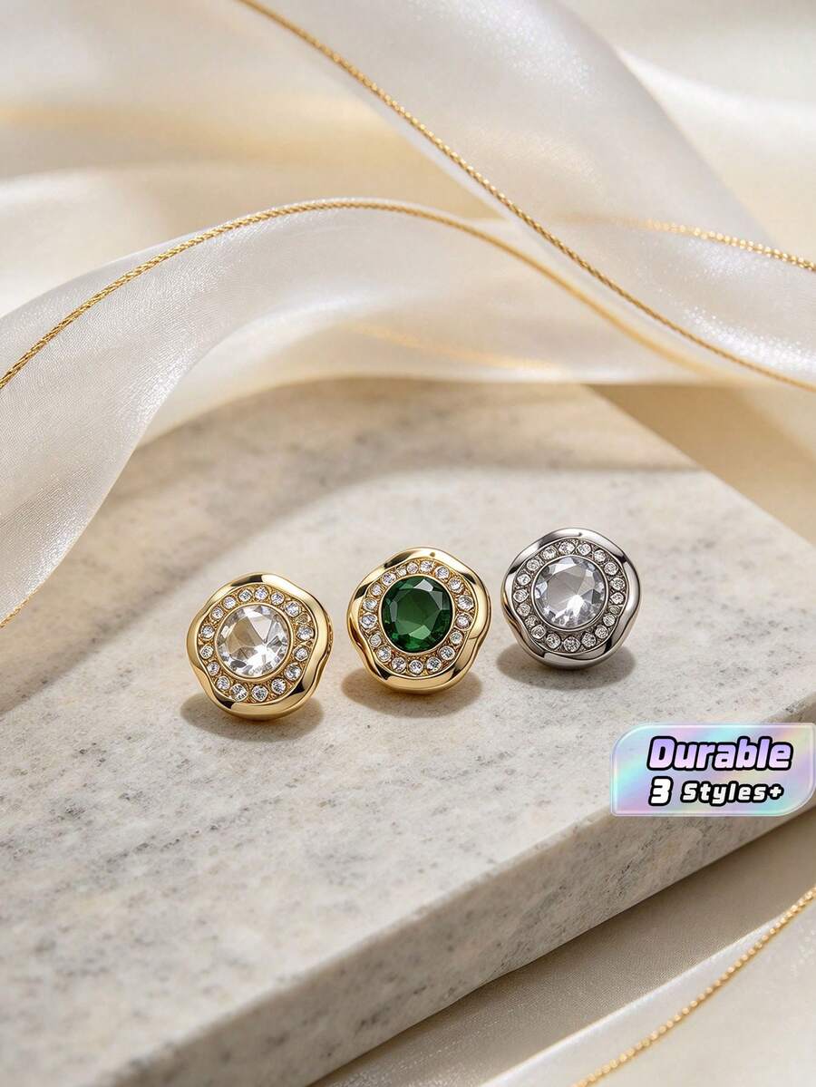 10Pcs Irregular Round Green Metal Buttons With Rhinestones, Decorative Cuff Buttons For Women's Shirts, Chiffon Tops And Knitwear, Clothing Sewing Accessories - multicolor - View 1