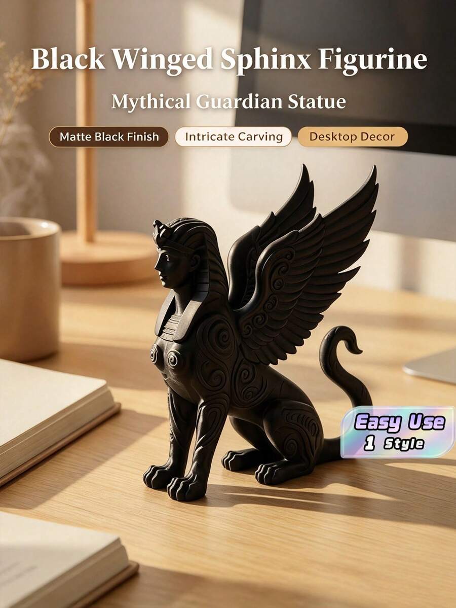 啞光黑翼獅身像,古埃及神話守護神雕像,精緻雕刻樹脂迷你桌面與書架收藏飾品家居裝飾擺件 - 多色 - 查看 1