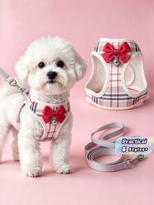 Khaki Pet Harness And Leash Set Featuring A Red Bow ; An Adjustable, Escape-Proof Vest-Style Harness That Is Soft And Comfortable. Suitable For Small To Medium-Sized Kittens And Puppies, This Makes For A Cute Accessory For Daily Outdoor Walks. - Multicolor - View 1
