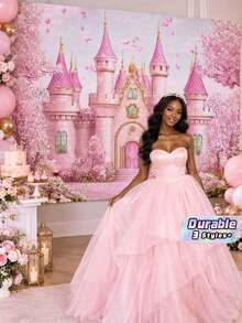 1Pc Glitter Pink And Gold Princess Castle Backdrop Decoration, Rainbow Pattern, No Power Needed, Multi-Purpose Party Banner For Housewarming Anniversary Events, Various Styles And Sizes Available - B - View 1