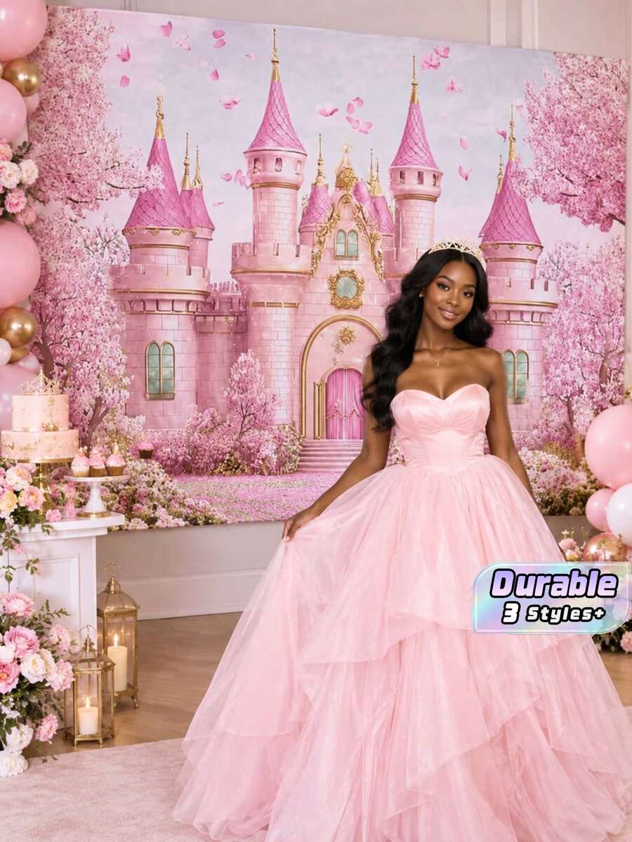 1Pc Glitter Pink And Gold Princess Castle Backdrop Decoration, Rainbow Pattern, No Power Needed, Multi-Purpose Party Banner For Housewarming Anniversary Events, Various Styles And Sizes Available - B - View 1