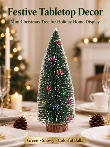 Mini Snow Flocked Christmas Tree With Colorful Ball Ornaments, Small Tabletop Xmas Tree With Wooden Base For Home Holiday Desktop Decor - Multicolor - View 7