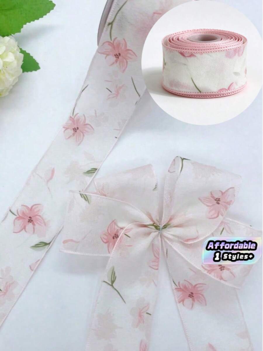 1 Pc,2.5cm/0.98in Wide,Organza Floral Printed Decorative Ribbon, 5 Yards/Roll, Gift Wrapping Valentine's Day - Pink - View 1