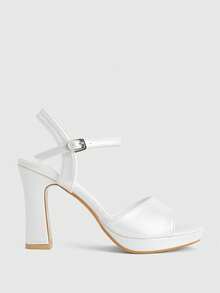 CUCCOO LuxiPop Elegant Celebrity Style Exquisite Girls Wedding Banquet Summer Solid Color Open-Toed Low-Top Thick-Heeled Sandals - fluorescent white - View 3