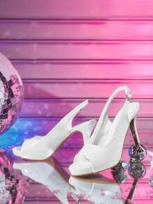 CUCCOO LuxiPop Giày sandal nữ thời trang phong cách celeb thanh lịch, hở mũi, gót nhọn, quai hậu, đi làm và hẹn hò mùa xuân hè - trắng - Xem 3