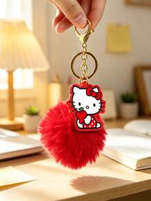 HELLO KITTY AND FRIENDS | SHEIN 1 Gantungan Kunci Hello Kitty dengan Pom-Pom Merah Berbulu, Liontin Tas Motif Apel Lucu, Desain Jepitan Lobster, Ornamen Dekorasi Portabel untuk Kunci, Ransel, Dompet, Hadiah Koleksi yang Bagus untuk Penggemar Kitty - Merah - View 2