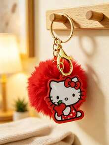 HELLO KITTY AND FRIENDS | SHEIN 1 Gantungan Kunci Hello Kitty dengan Pom-Pom Merah Berbulu, Liontin Tas Motif Apel Lucu, Desain Jepitan Lobster, Ornamen Dekorasi Portabel untuk Kunci, Ransel, Dompet, Hadiah Koleksi yang Bagus untuk Penggemar Kitty - Merah - View 5