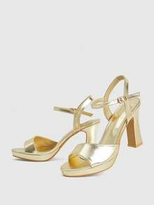 CUCCOO LuxiPop Elegant Celebrity Style Exquisite Girls Wedding Banquet Summer Solid Color Open-Toed Low-Top Thick-Heeled Sandals - Gold - View 6