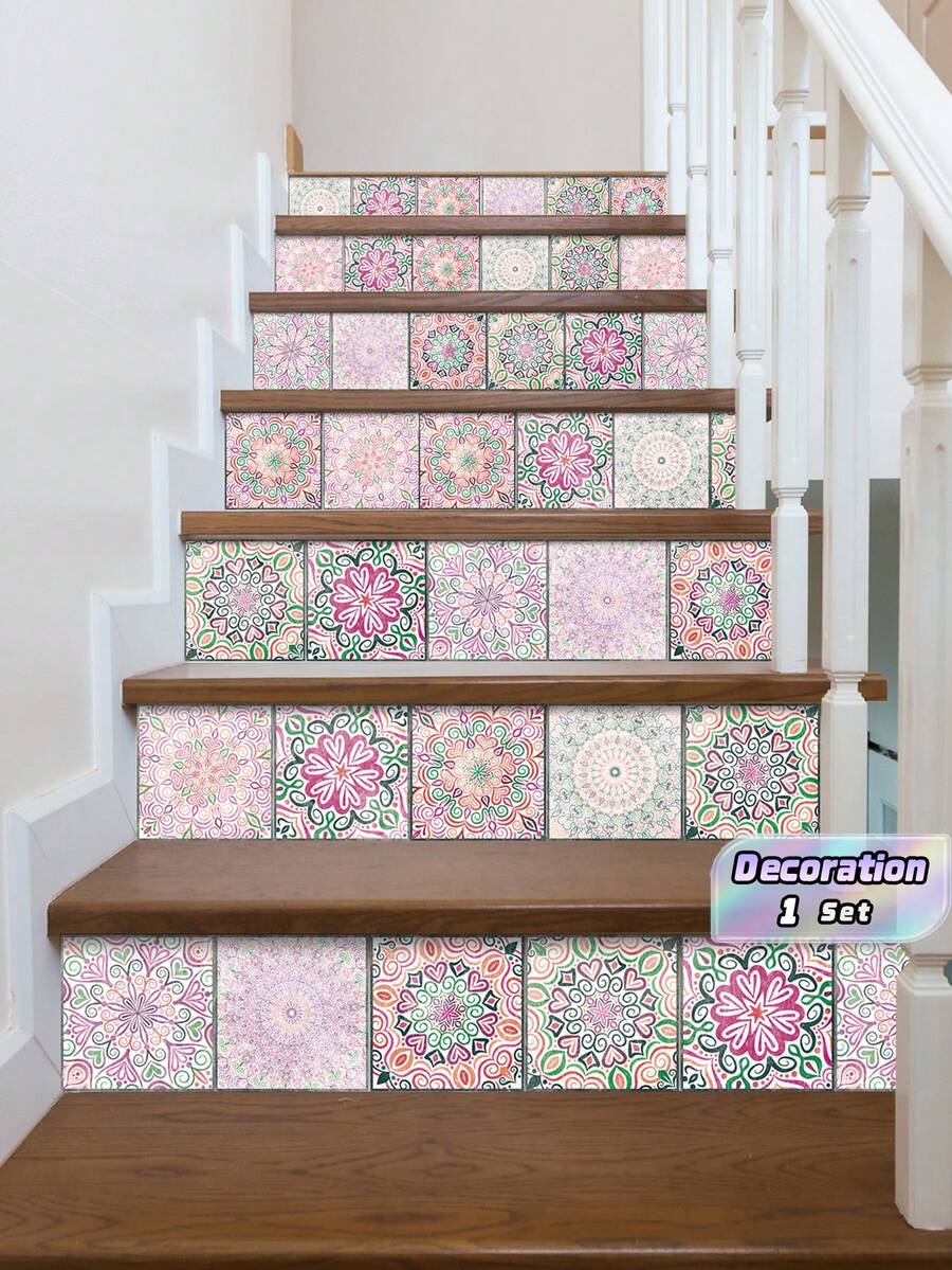 12Pcs European Mandala Self-Adhesive PVC Wall Stickers, Waterproof Tile Decals For Living Room, Kitchen & Bathroom - one size fits all - View 1