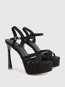 CUCCOO LuxiPop Sandal cao gót gót nhọn mũi tròn nhung đen trơn thời trang nữ - màu đen - Xem 1